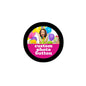 Round 1.25-inch custom photo pinback button with black rim and colorful photo design