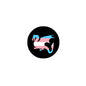 Trans dragon pinback button, circular black design with pastel flag-colored dragon