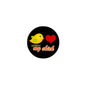 Round black pinback button with yellow chick, red heart, and “my chick” text