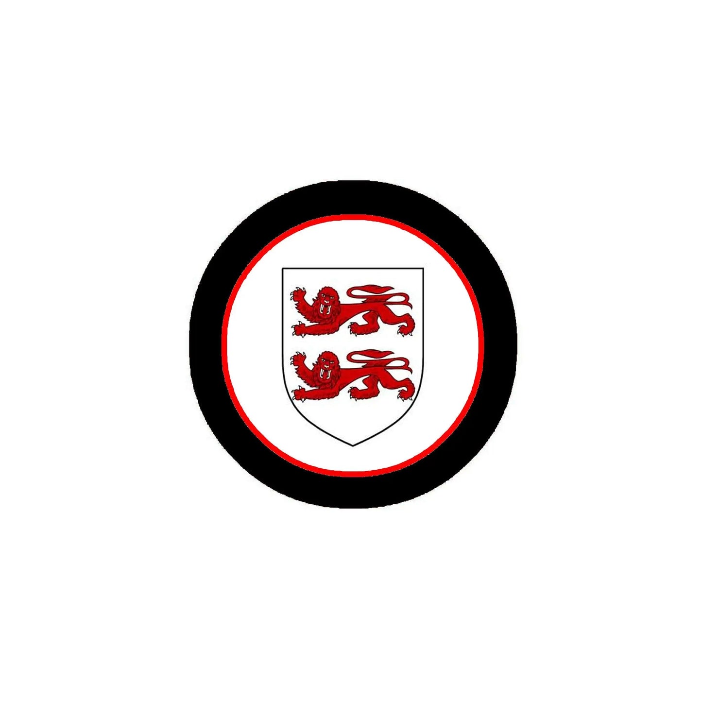 Round pinback badge with black border, red lions crest on white background