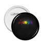 Round LGBT button pin badge with black face and colorful rainbow paint-splatter design