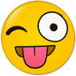 Yellow smiley face pinback button with tongue-out cartoon face