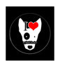 1.25-inch pinback badge with white bull terrier and red heart design
