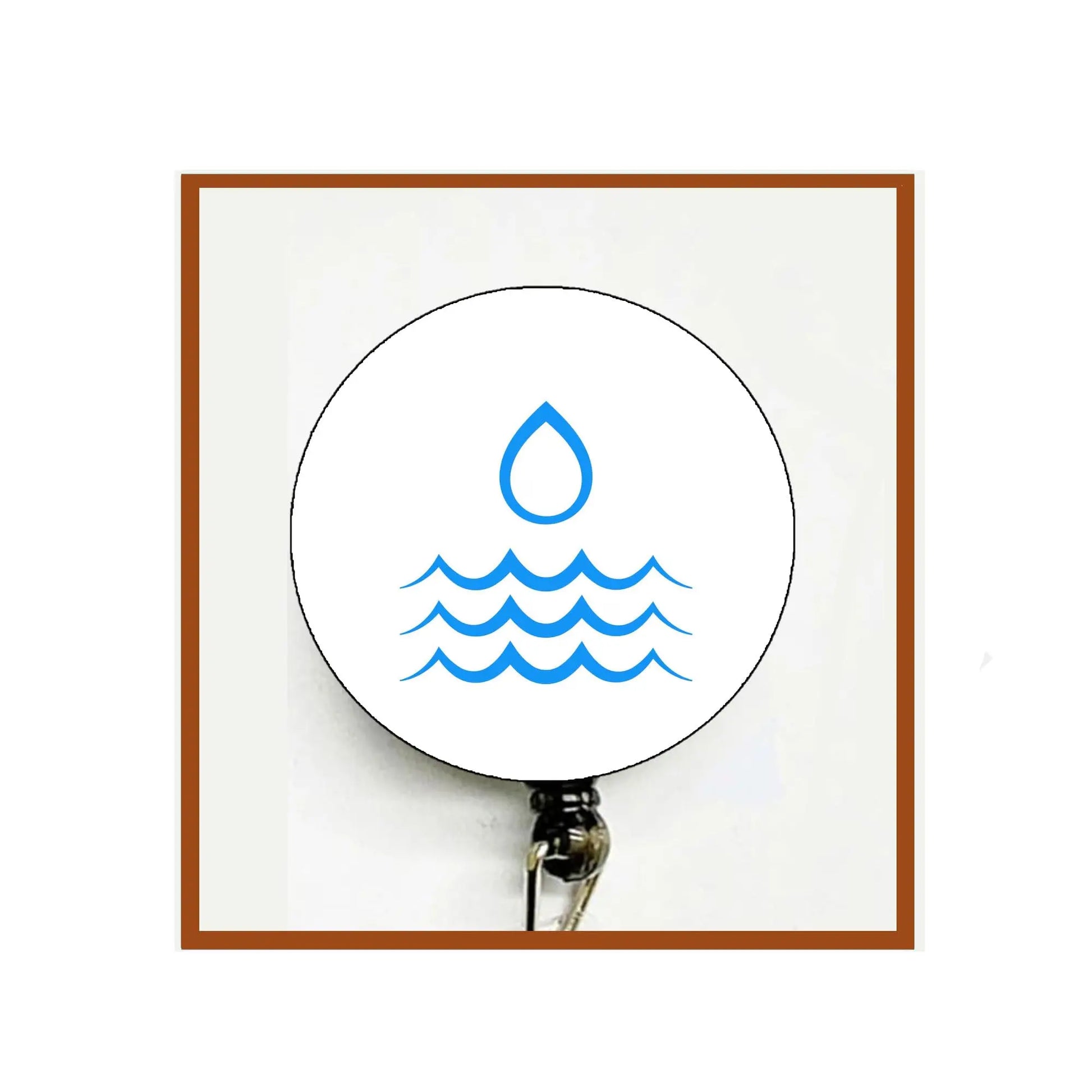 Water-themed felt retractable badge reel with blue droplet and wave icon