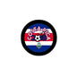 Round Costa Rica 2018 soccer pinback with black border, crest and flag colors