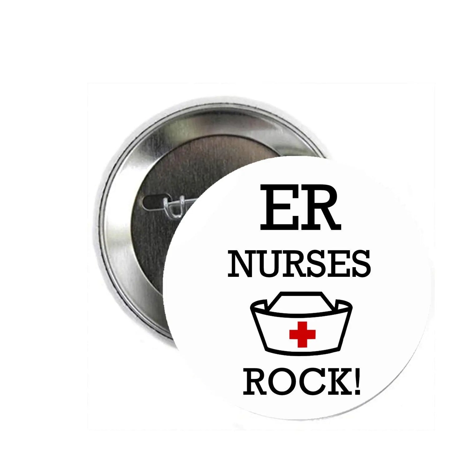 ER nurses rock pinback button with black text, red cross nurse icon, silver metal back