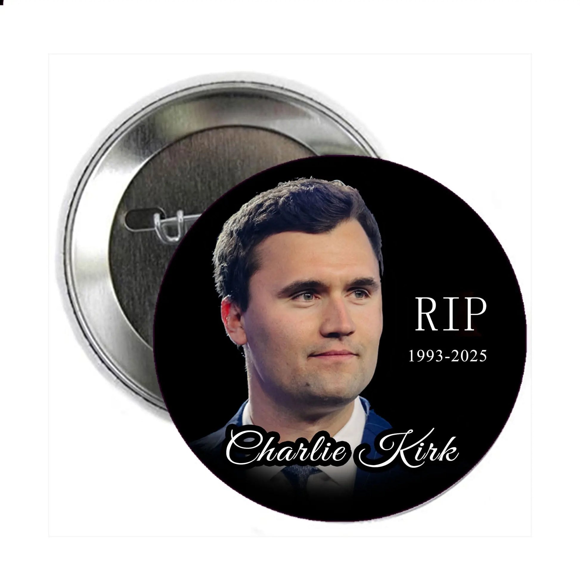 2.25-inch pinback button with Charlie Kirk portrait and “RIP 1993-2025” text