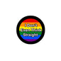 2.25-inch pinback button with rainbow bands and bold white slogan in black circle