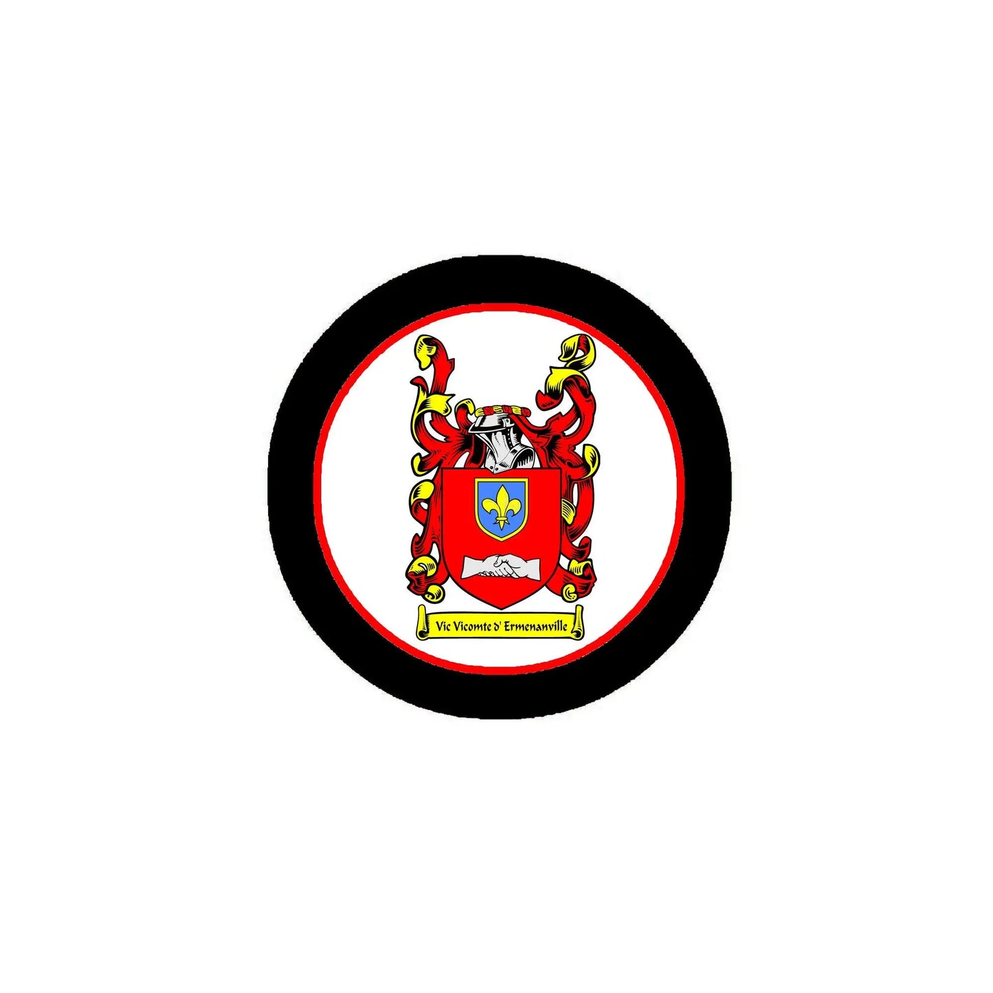 Round coat of arms enamel pinback with black rim and colorful shield crest