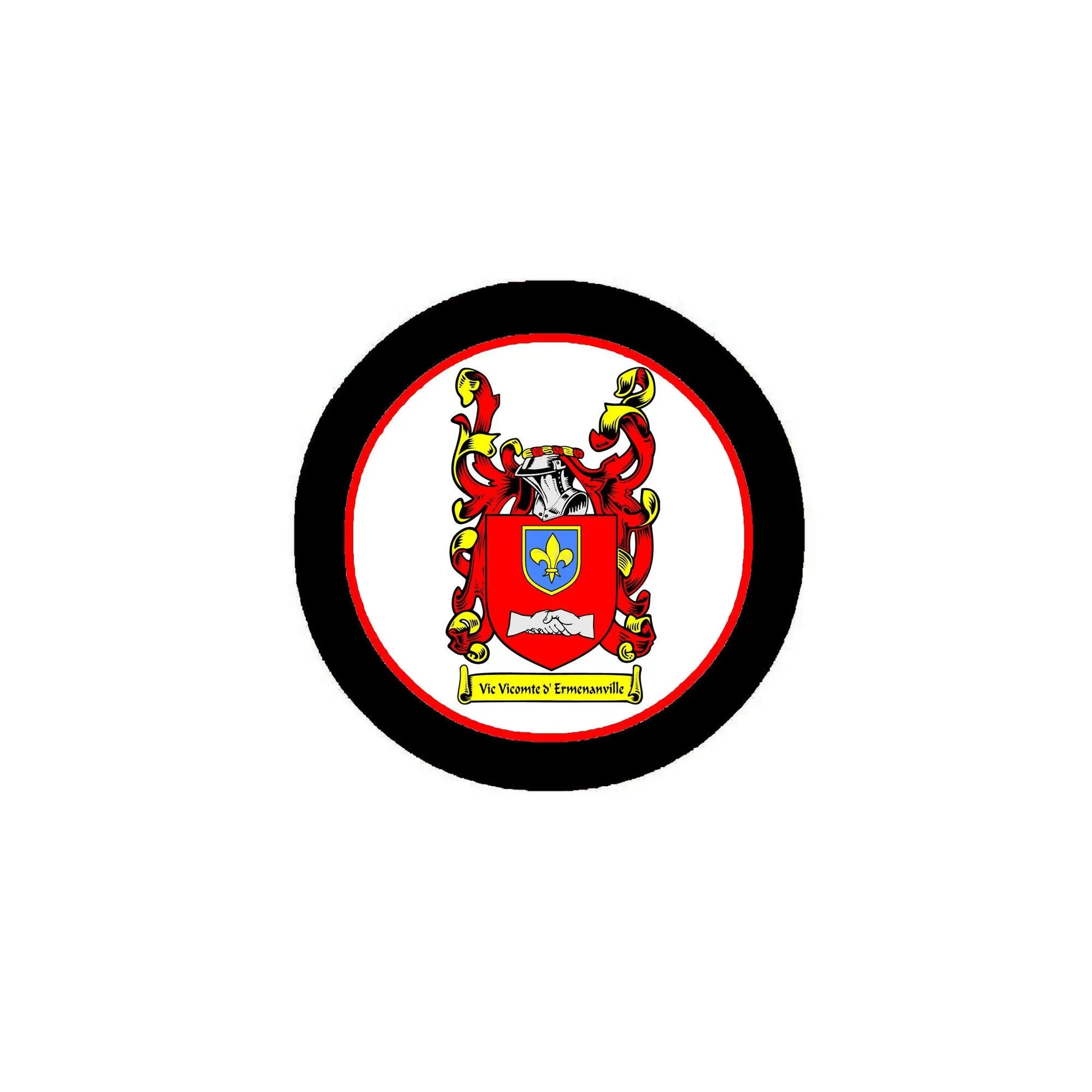 Round coat of arms enamel pinback with black rim and colorful shield crest