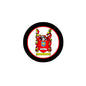 Round coat of arms enamel pinback with black rim and colorful shield crest