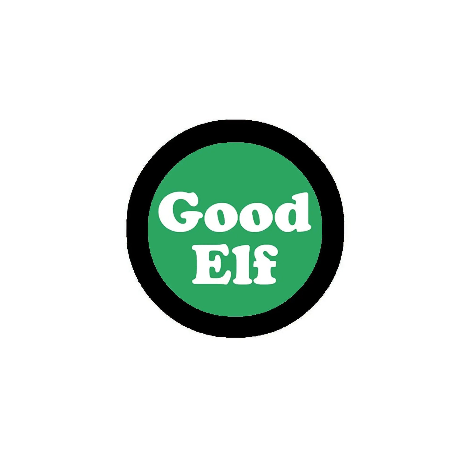 Good Elf circular logo badge with green center and white text on black border
