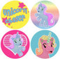 Set of four unicorn pinback buttons, colorful circular badges with four unicorn designs.