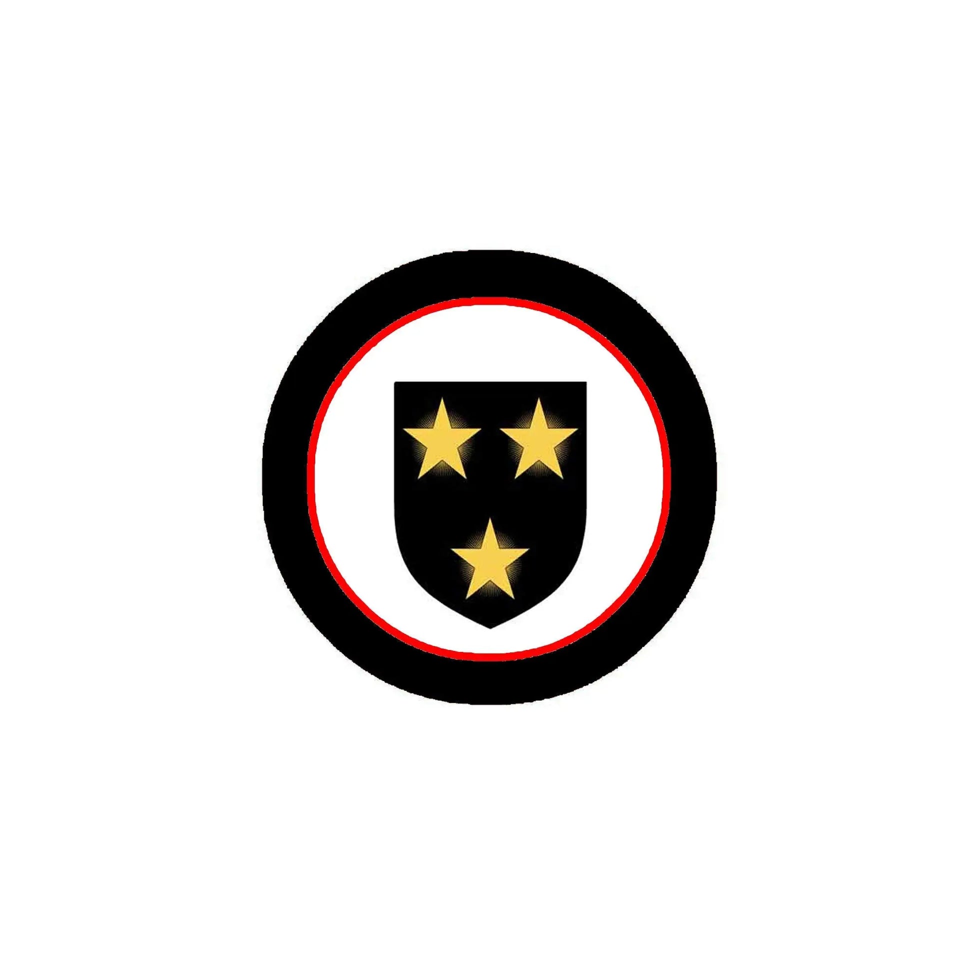 Round pinback badge with black border, red ring, and gold shield with three stars