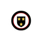 Round pinback badge with black border, red ring, and gold shield with three stars