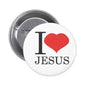 Round pinback badge with white face, "I ♥ JESUS" text and red heart