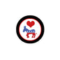 Round pinback button with black border, blue donkey, red heart and star stripes