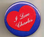 Blue pinback button with red heart and 'I Love Charles' text