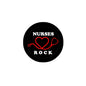 Round nurse rock pinback badge, black with red heart stethoscope and NURSES ROCK text