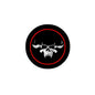 1.25-inch black pinback button with red ring and white bull skull graphic