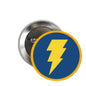 Lightning bolt pinback button with blue circle and yellow bolt; silver metal backing