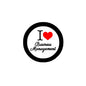 Circular pinback badge: black rim, white face, red heart, I Love Business Management