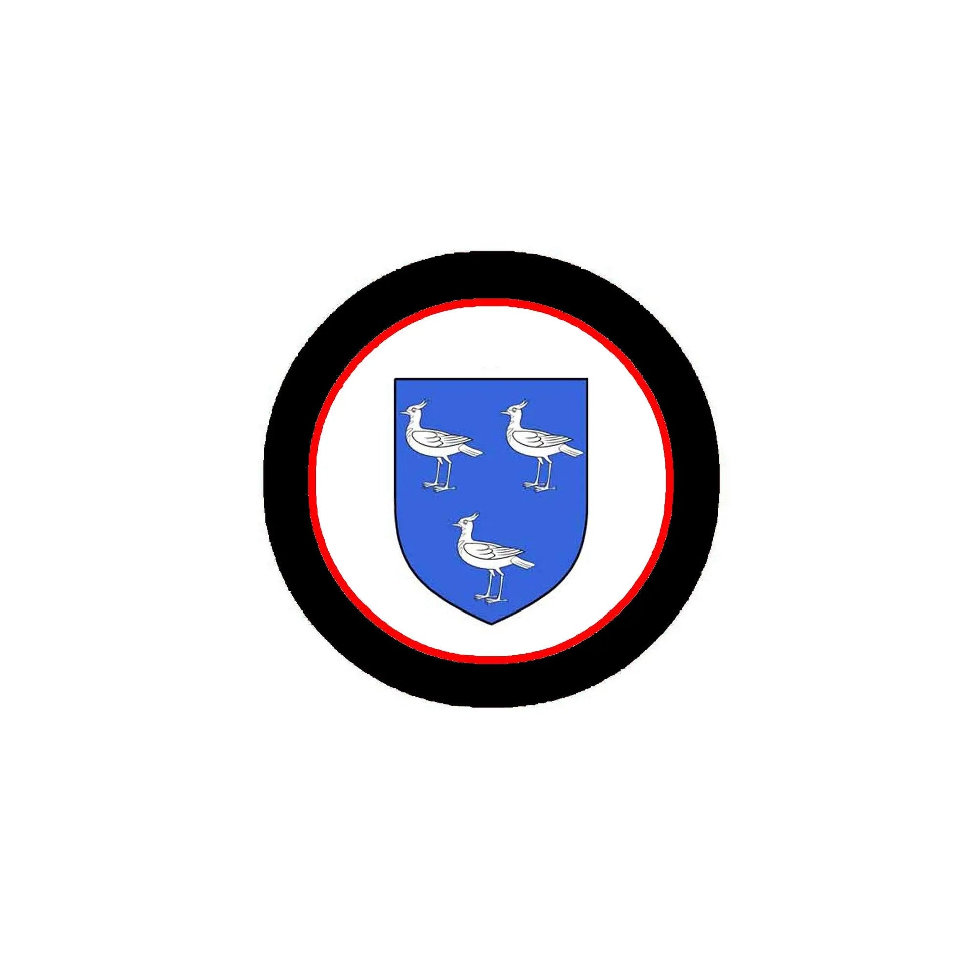 Round family crest arms magnet with black border and blue shield with white birds