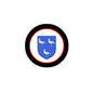 Round family crest arms magnet with black border and blue shield with white birds