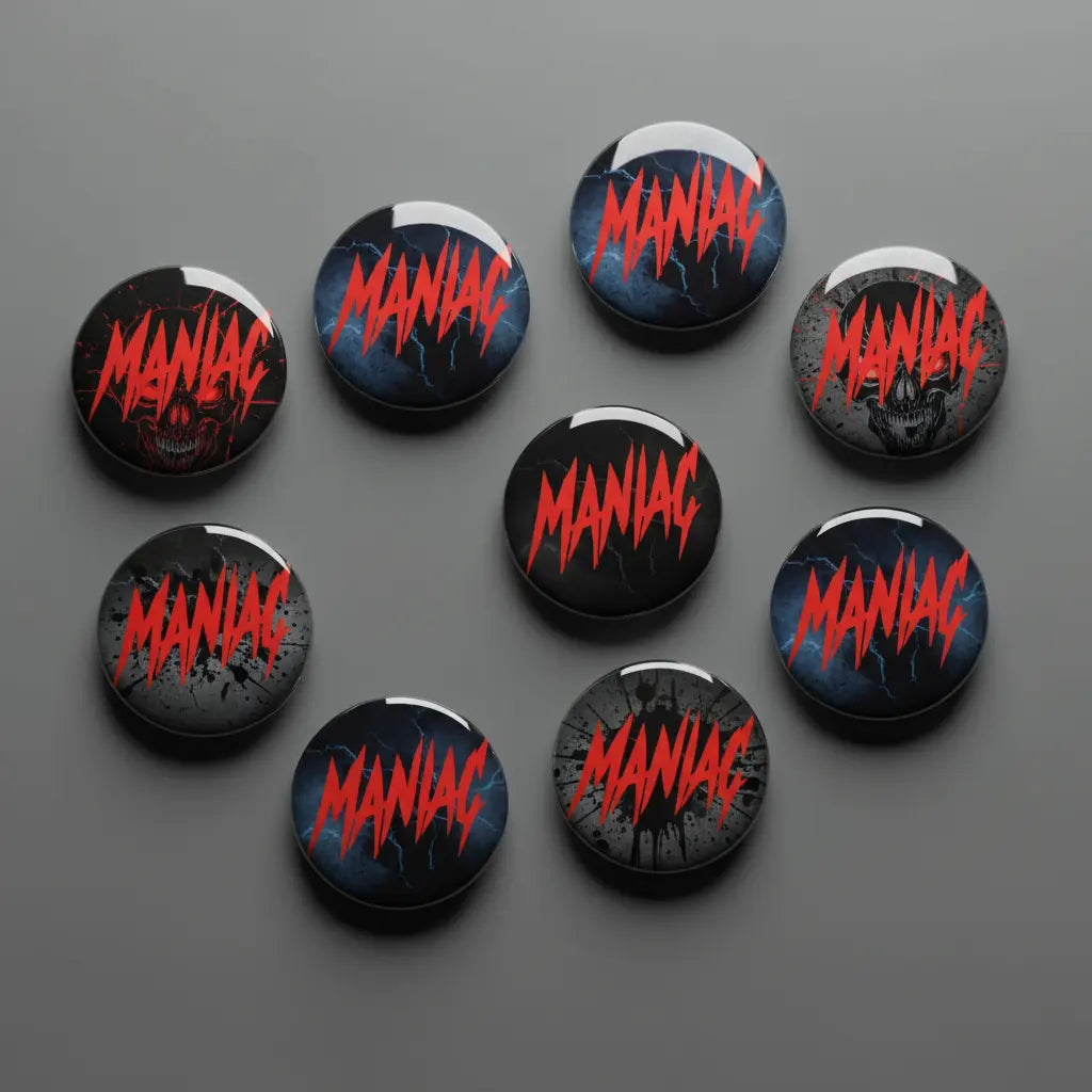Set of 8 round pinback buttons, black with red “MANIAC” lettering, 1.25-inch