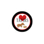 Round pinback button with black rim, white center, red heart, TAPIRS text, tan tapirs