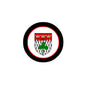 Round coat of arms pinback badge with black rim, red border, and green clover shield