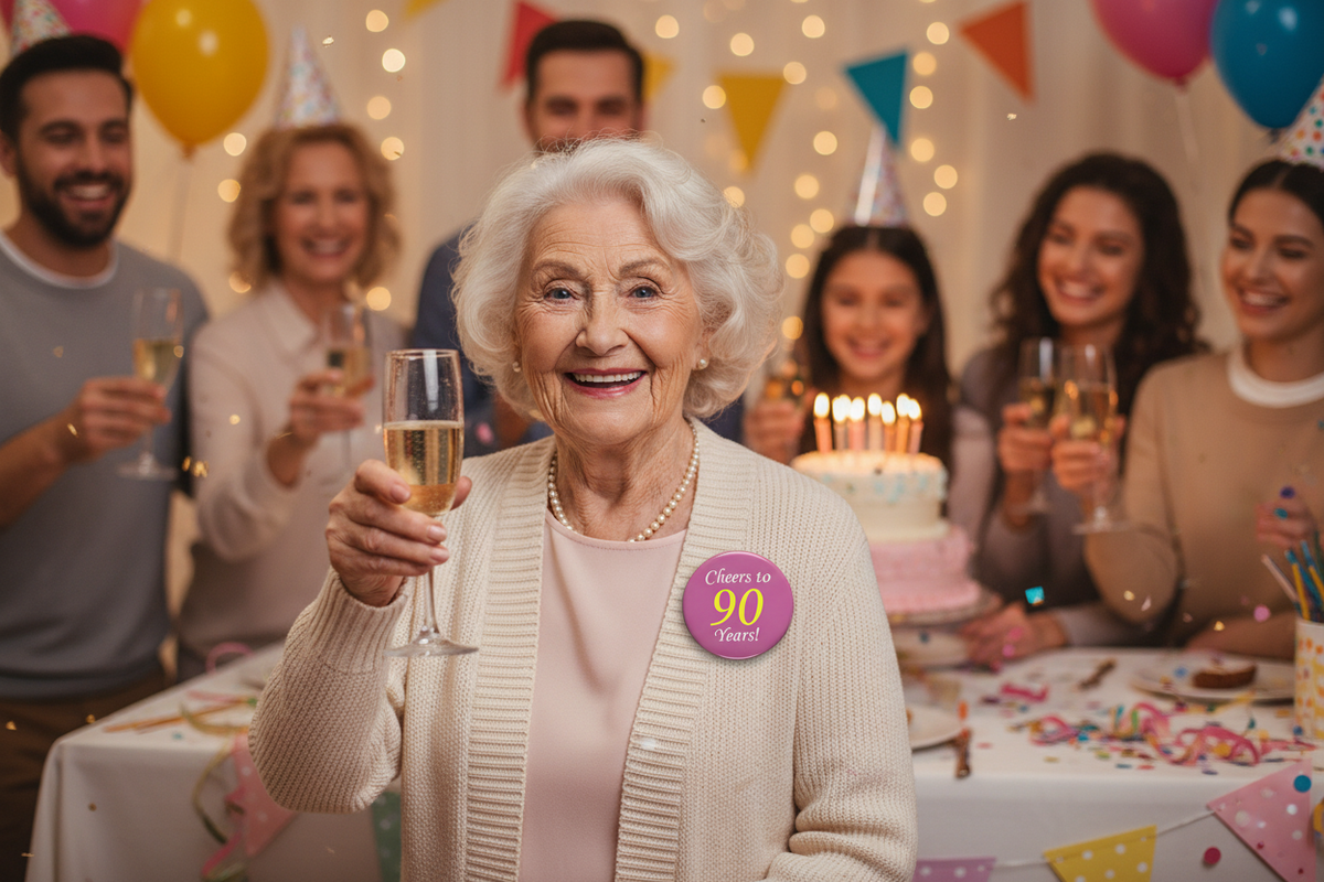 An elderly woman with white hair smiles while holding a champagne flute at a birthday party. She wears a cream cardigan over a light pink top and a round purple pin that reads 'Celebrate to 90 Years!'.