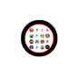 Religious pinback button with circular collage icons and black outer border