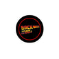 Black pinback button with red ring and “BACK TO THE 80s” text