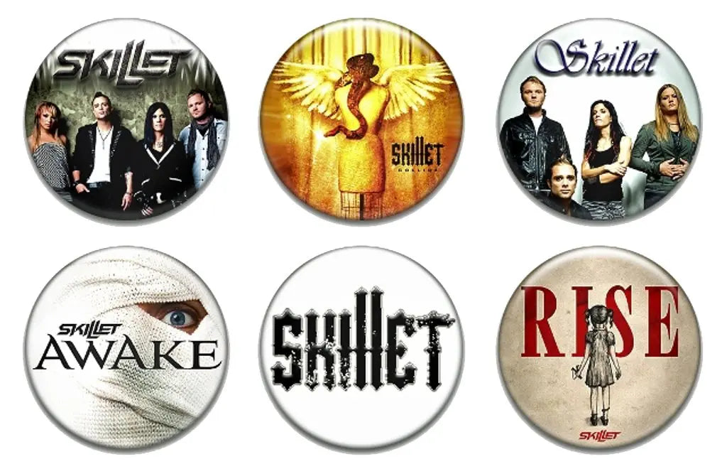 Set of 6 round Skillet pinback button badges with varied logos and artwork