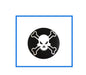 Black-and-white skull crossbones drive pin badge with round backing