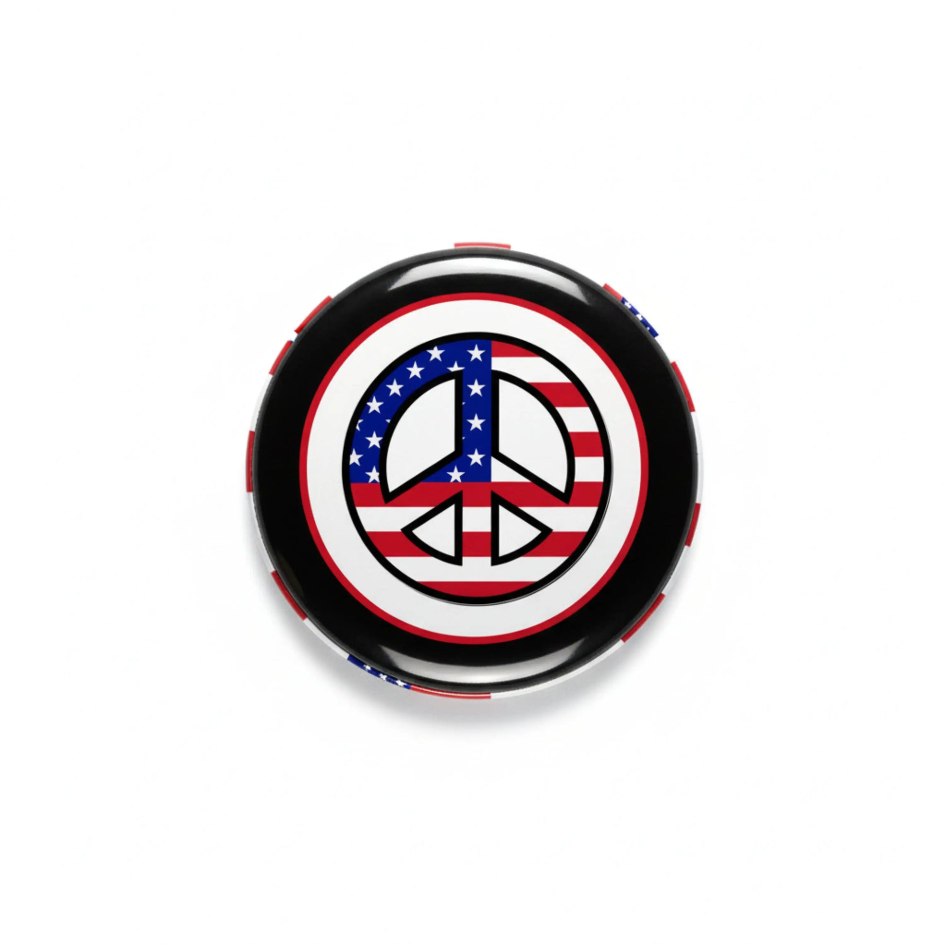 Round peace pinback button with American flag stars and stripes design on black background