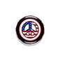 Round peace pinback button with American flag stars and stripes design on black background