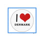 Multicolored circular Denmark button pin with red heart and 'I ♥ DENMARK' text