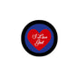 I Love God heart pinback button, blue background with red heart and white script