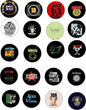 Set of 20 round rock pinback buttons with mixed grunge singer graphics and colors