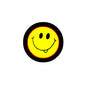 1.25-inch smiley pinback badge with yellow face, red ring, black border, friendly grin