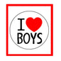 Round pinback button with black “I ♥ BOYS” lettering and a red heart