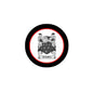 Round family crest pinback with black rim and red center, detailed heraldic shield