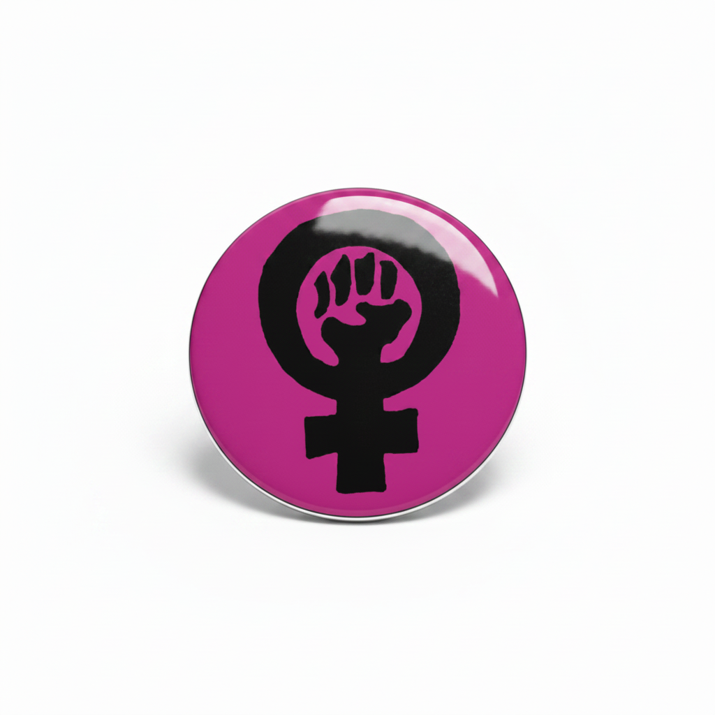 Feminist fist pinback button, pink round face with black raised hand symbol