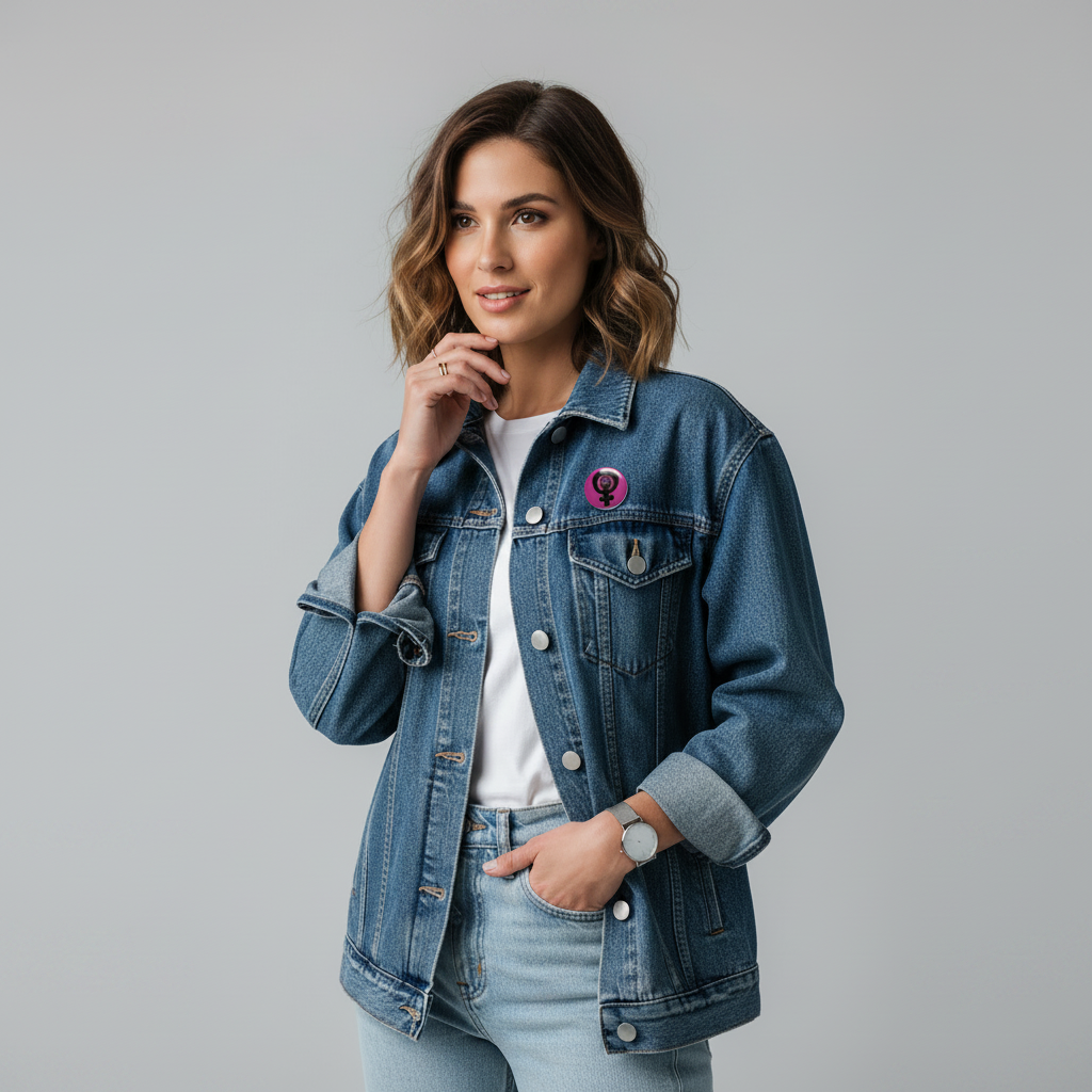 Feminist fist pin on a blue denim jacket pocket, pink circular button with black symbol