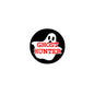 Round black ghost hunter pinback button with white ghost face and red/white text