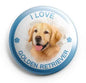 Golden retriever pinback button with dog photo and text 'I LOVE' 'GOLDEN RETRIEVER'.