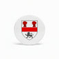 3-inch round coat of arms magnet with black ring and red trim, white heraldic shield