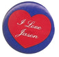 Heart-shaped I Love Jason pinback button with red heart and white script lettering
